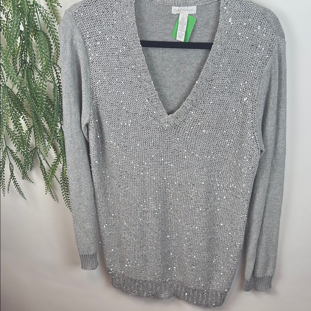 Charter Club Gray V-Neck Sweater with Subtle Sparkle